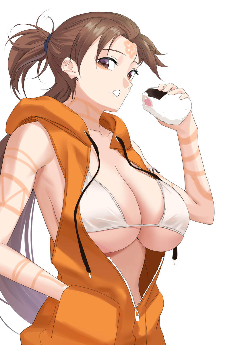 1girl absurdres bad_id bad_pixiv_id bare_shoulders beads bikini bikini_top_only breasts brown_eyes brown_hair cleavage collarbone contemporary drawstring facial_mark fate/grand_order fate_(series) food food_on_face forehead forehead_mark heroic_spirit_tour_outfit highres himiko_(fate) himiko_(tour_outfit)_(fate) hood hooded_vest hoodie large_breasts long_hair looking_at_viewer n.e_(sakura-233) onigiri open_mouth orange_vest rice rice_on_face solo swimsuit topknot twintails vest white_bikini zipper