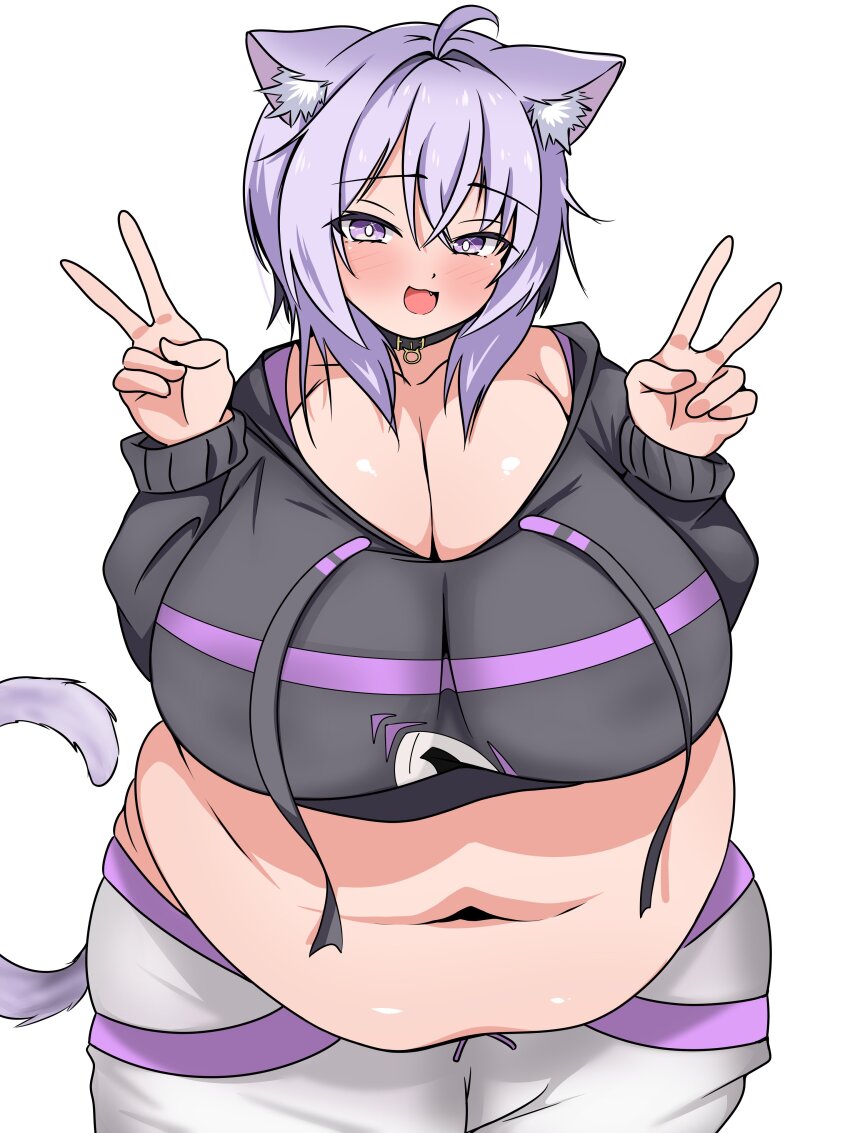 1girl :3 absurdres ahoge animal_ear_fluff animal_ears black_hoodie blush breasts cat_ears cat_girl cat_tail choker cleavage crop_top cropped_hoodie double_v fang fat fat_woman highres hololive hood hoodie huge_breasts medium_hair midriff navel nekomata_okayu pants purple_eyes purple_hair smile solo standing tail usagirin v virtual_youtuber white_background