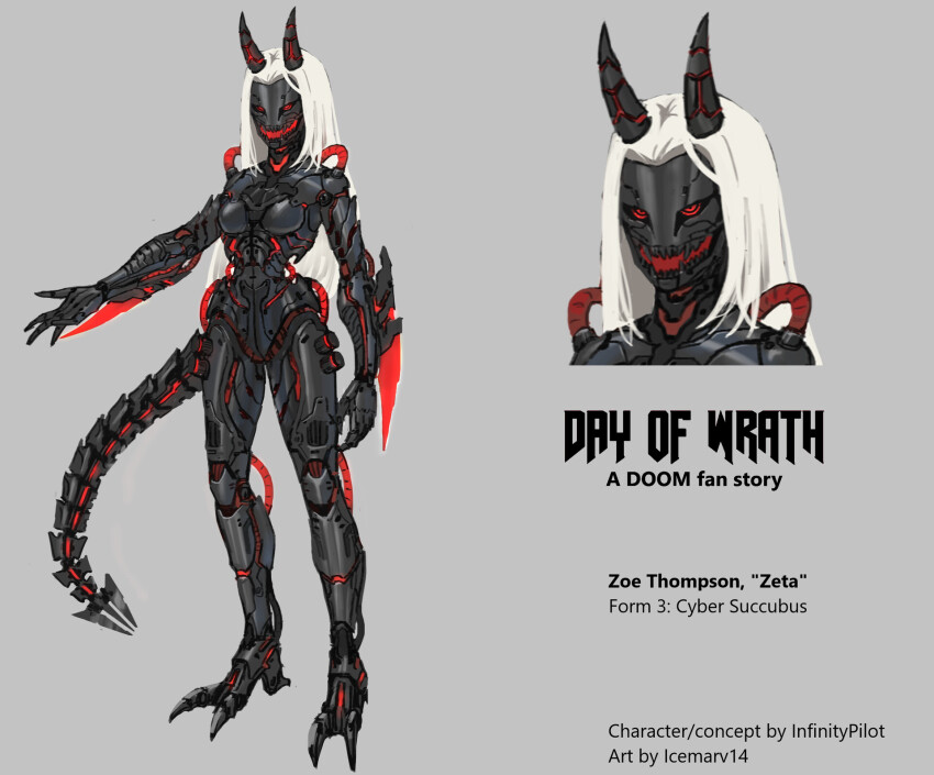 1girl armor biomechanical cable claws cyberpunk cyborg day_of_wrath_(infinitypilot) demon demon_girl demon_horns demon_tail doom_(2016) doom_(series) doom_eternal energy_blade energy_weapon english_text fangs fire flaming_weapon full_armor full_body futuristic_weapon glowing glowing_armor glowing_eyes glowing_horns glowing_weapon highres horns icemarv14 joints long_hair mantis_blades_(cyberpunk) metal_skin monster monster_girl occult original red_eyes ringed_eyes robot robot_girl robot_joints science_fiction solo solo_focus tail toe_claws tube weapon white_hair wrist_blades zeta_(day_of_wrath)