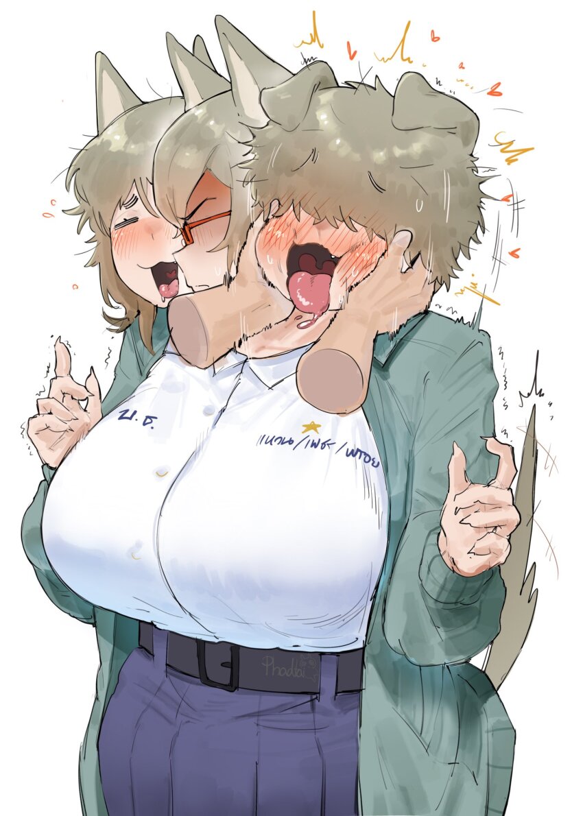 1girl animal_ears blush brown_hair cerberus collar conjoined dog_ears dog_girl dog_tail glasses highres maikamiaka messy_hair multiple_heads original shirt short_hair simple_background skirt tail tongue tongue_out trembling white_background