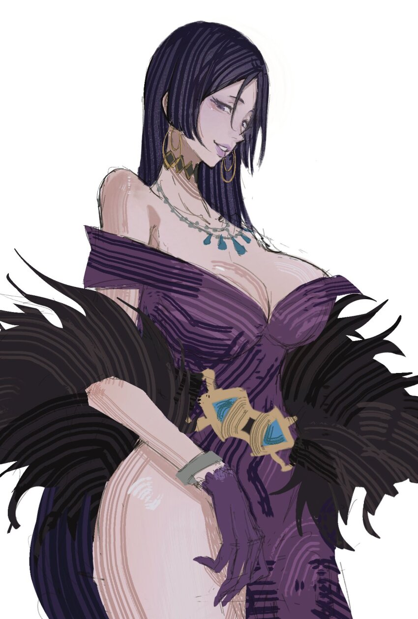1girl belt breasts cleavage closed_mouth collarbone dress fate/grand_order fate_(series) feather_boa feet_out_of_frame gloves highres huge_breasts jewelry knife kunai lipstick long_hair looking_at_viewer makeup minamoto_no_raikou_(exhibition_attire)_(fate) minamoto_no_raikou_(fate) mroaridnryed_alter necklace off_shoulder outdoors parted_bangs purple_dress purple_eyes purple_gloves purple_hair side_slit smile solo sword thigh_strap thighs very_long_hair weapon