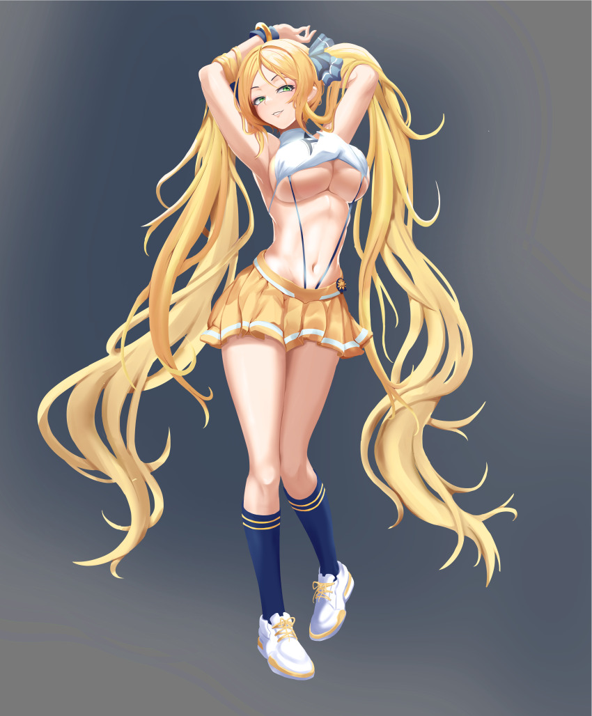 1girl absurdres armpits arms_up azur_lane bare_shoulders black_socks blonde_hair bracelet breasts cheerleader cropped_shirt full_body green_eyes grey_background hair_ribbon highres hornet_(azur_lane) hornet_(cheering_justice!)_(azur_lane) jewelry kneehighs korean_commentary large_breasts long_hair looking_at_viewer miniskirt navel official_alternate_costume parted_bangs parted_lips pleated_skirt ribbon rolingblade shirt shoes sidelocks simple_background skirt sleeveless sleeveless_shirt smile sneakers socks solo standing stomach suspender_skirt suspenders twintails underboob very_long_hair white_shirt white_shoes yellow_skirt