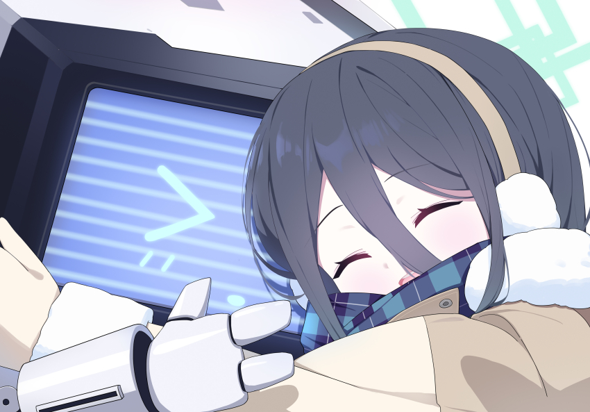 &gt;_&lt; 1girl 1other absurdres aris_(blue_archive) black_hair blue_archive blue_scarf brown_coat brown_mittens closed_eyes coat earmuffs fur-trimmed_coat fur_trim green_halo hair_between_eyes halo highres hug kei_(blue_archive) kei_(robot)_(blue_archive) mittens open_mouth plaid_clothes plaid_scarf scarf simple_background smile tachi_yuzuki upper_body white_background
