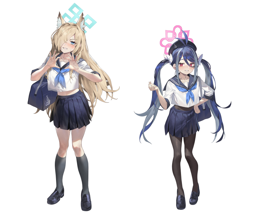 2girls four-finger_heart_hands absurdres alternate_costume antenna_hair asymmetrical_bangs bag black_footwear black_socks blonde_hair blue_archive blue_hair blue_neckerchief blue_skirt blush cropped_shirt dark_blue_hair fubuki_(blue_archive) full_body hair_intakes hair_over_one_eye halo heart heart_hands highres kanna_(blue_archive) long_hair looking_back midriff multiple_girls neckerchief one_eye_covered pleated_skirt ramuri red_eyes school_bag school_uniform serafuku simple_background skirt socks straight_hair sweatdrop twintails very_long_hair white_background