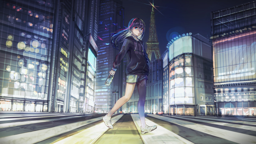 1girl absurdres black_hair black_hoodie blue_eyes bottle building choker city_lights cityscape crosswalk drawstring earrings eiffel_tower eyeliner floating_hair from_side grey_shorts hair_between_eyes highres holding holding_bottle hood hood_down hoodie intersection jewelry long_hair looking_at_viewer makeup night night_sky nik_ibi original outdoors red_eyeliner scenery shoes shorts sidelocks sky skyscraper sneakers solo walking water_bottle white_shoes
