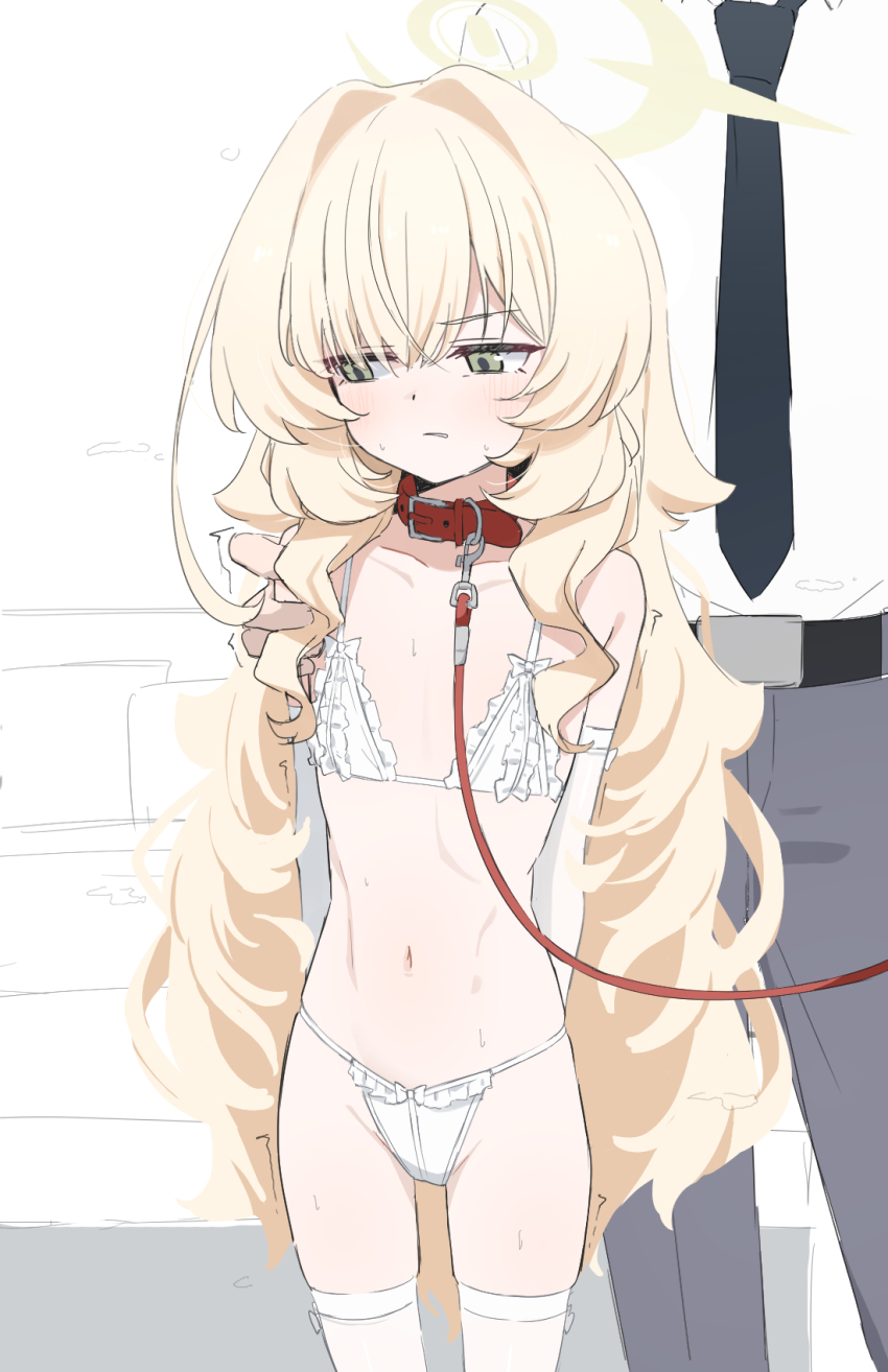1boy 1girl bare_shoulders blonde_hair blue_archive blush bra collar donutman flat_chest gloves green_eyes halo highres leash loli long_hair navel panties professor_niyaniya_(blue_archive) thighhighs underwear white_bra white_panties