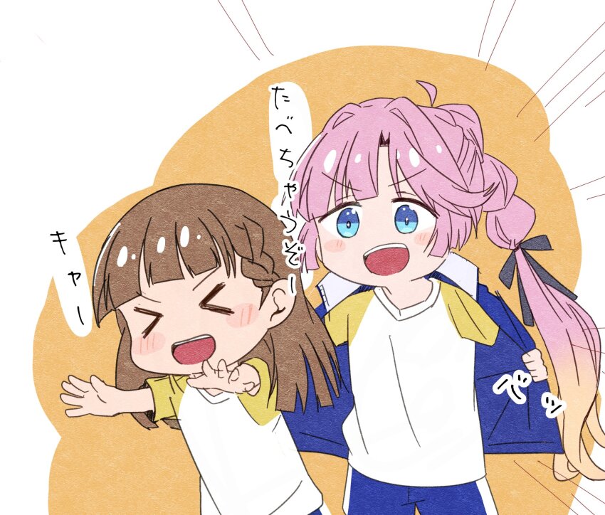 &gt;_&lt; 2girls :d ahoge anyoji_hime black_ribbon blue_eyes blue_jacket blue_shorts blunt_bangs blush border braid brown_hair center-flap_bangs commentary hair_intakes hair_ribbon hasu_no_sora_gym_uniform highres jacket kachimachi_kosuzu kisaragi_yukitora link!_like!_love_live! love_live! multi-tied_hair multiple_girls open_clothes open_jacket open_mouth orange_background ponytail ribbon shirt shorts side_braids sidelocks smile teeth upper_teeth_only v-shaped_eyebrows virtual_youtuber white_border white_shirt xd yellow_sleeves