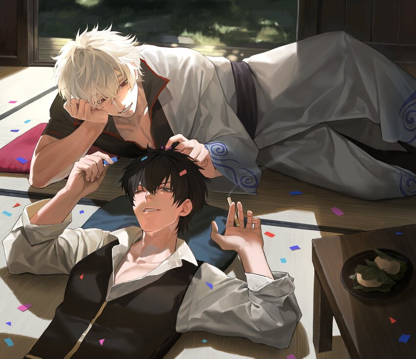 2boys absurdres black_hair black_shirt black_vest blue_eyes cigarette collared_shirt commentary commentary_request confetti cushion gintama hadanugi_dousa hair_between_eyes highres hijikata_toushirou holding indoors japanese_clothes kimono long_sleeves lying male_focus multiple_boys on_back on_side one_eye_closed open_clothes open_kimono pectoral_cleavage pectorals popped_collar red_eyes sakata_gintoki shirt short_sleeves smile smoke tatami vest white_hair white_kimono white_shirt xi_hsi yaoi