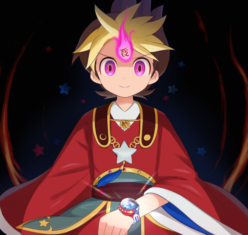 1boy amano_keita arm_at_side black_background blonde_hair brooch brown_hair brown_sash closed_mouth coat dot_nose fire flipped_hair floating_hair fur-trimmed_sleeves fur_trim furisode_sleeves glowing jewelry ken-ou kokouemae light_smile looking_ahead looking_at_viewer male_focus multicolored_hair pink_eyes pink_fire red_coat short_hair solo spiked_hair split_mouth star_brooch straight-on two-tone_hair underlighting upper_body v-neck v-shaped_eyebrows youkai_watch