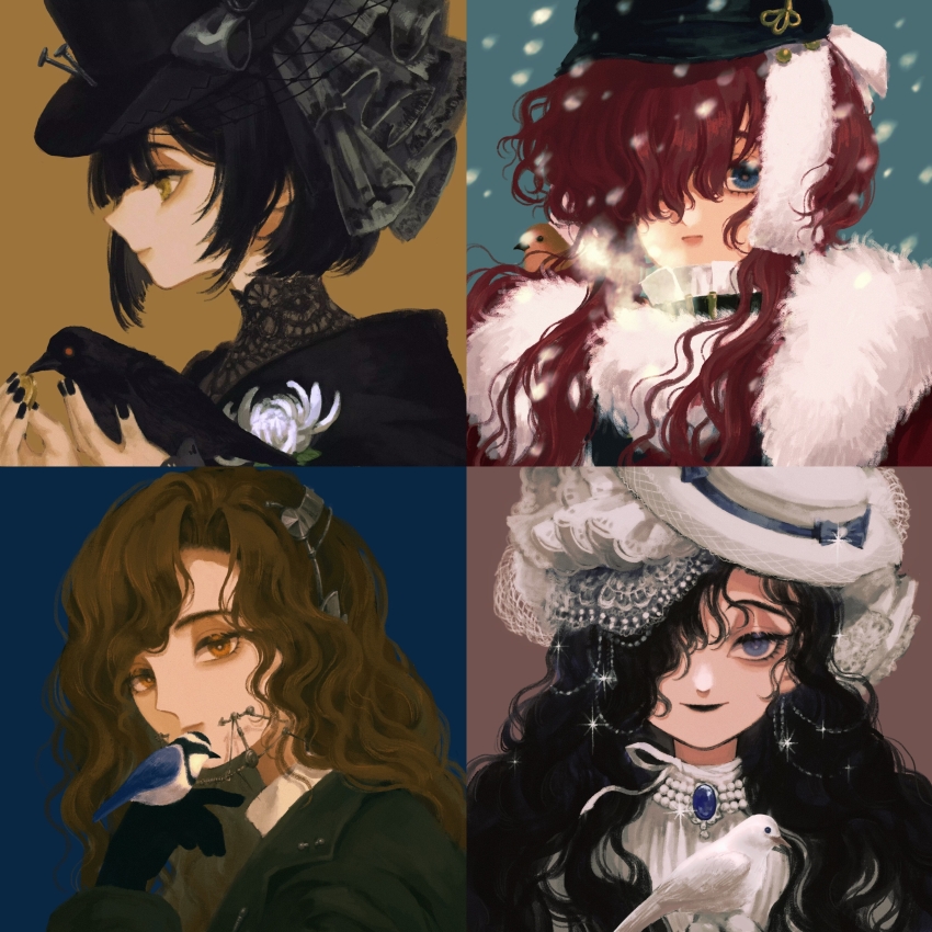 4girls absurdres animal animal_on_shoulder bird bird_on_hand bird_on_shoulder black_bird black_coat black_gloves black_hair black_hat black_jacket black_lips black_nails blue_background blue_eyes bob_cut braces bridal_veil brown_background brown_bird brown_eyes brown_hair newsboy_cap cape chrysanthemum closed_mouth coat crow curly_hair dress egyptian_plover flower fur-trimmed_cape fur_trim gloves hair_over_one_eye hand_up hands_up hat heqiao highres isolde_(reverse:1999) jacket long_hair looking_at_viewer multiple_girls necrologist nightingale_(bird) one_eye_covered portrait profile purple_eyes red_hair reverse:1999 short_hair smile steam_from_mouth tooth_fairy_(reverse:1999) top_hat veil white_bird white_dress white_flower white_hat white_veil yellow_eyes yenisei_(reverse:1999)