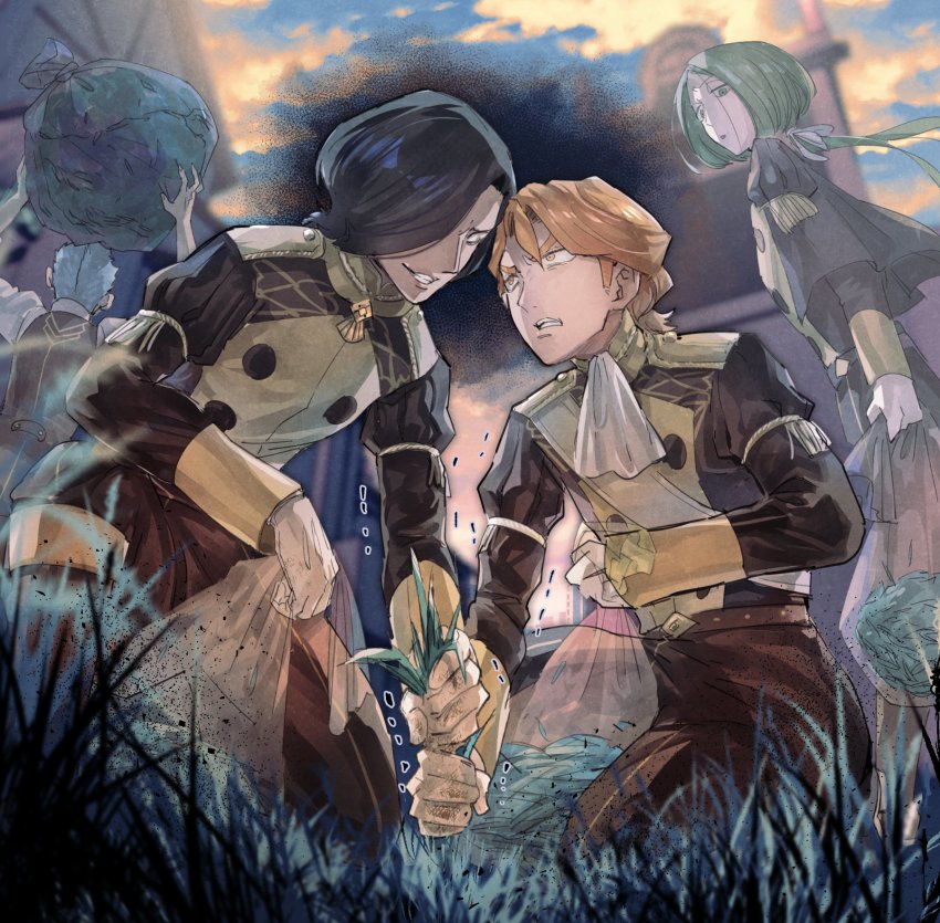 4boys black_hair blue_hair caspar_von_bergliez confrontation ferdinand_von_aegir fire_emblem fire_emblem:_three_houses garreg_mach_monastery_uniform grass green_eyes green_hair hair_over_one_eye highres hubert_von_vestra korokoro_daigorou linhardt_von_hevring low_ponytail male_focus multiple_boys nintendo orange_eyes orange_hair ponytail trash_bag