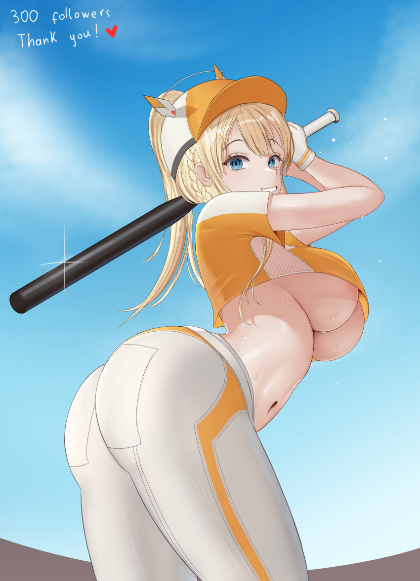 1girl absurdres ass baseball_bat baseball_cap baseball_uniform blonde_hair blue_eyes blue_sky breasts cowboy_shot gloves goddess_of_victory:_nikke hat highres holding holding_baseball_bat hrnt large_breasts looking_at_viewer navel official_alternate_costume ponytail sky smile sportswear tove_(baseball_fan)_(nikke) tove_(nikke) underboob white_gloves