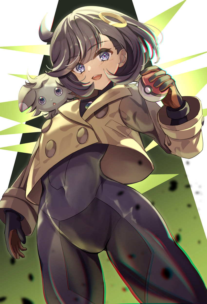 1girl :3 :d absurdres black_bodysuit black_gloves black_hair blue_eyes bodysuit bodysuit_under_clothes brown_jacket chromatic_aberration commentary_request covered_navel cowboy_shot dark-skinned_female dark_skin emma_(pokemon) espurr gen_6_pokemon gloves hair_between_eyes hair_ornament highres holding holding_poke_ball jacket latex latex_bodysuit light_blush long_sleeves looking_at_viewer mega_stone nintendo on_shoulder open_mouth orange_gloves poke_ball poke_ball_(basic) pokemon pokemon_(creature) pokemon_legends:_z-a pokemon_on_shoulder revision short_hair sidelocks smile solo_focus standing swept_bangs takenaka_takeshi teeth two-tone_gloves upper_teeth_only
