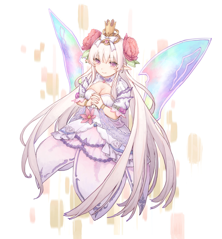1girl breasts character_request cleavage closed_mouth crown dress dress_flower fairy fairy_wings flower full_body hair_flower hair_ornament highres interlocked_fingers long_hair looking_at_viewer medium_breasts minerva_(princess_connect!) mini_crown miya8111 multicolored_wings orange_background own_hands_together pointy_ears princess_connect! red_flower smile solo two-tone_background white_background white_dress white_hair wings