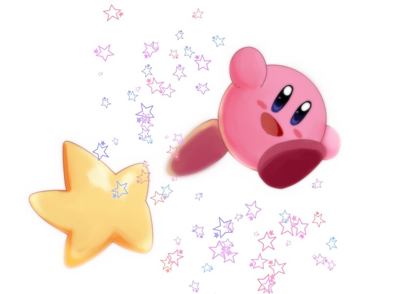 :d blue_eyes blush_stickers commentary full_body happy highres jumping kirby kirby_(series) looking_at_viewer nintendo no_humans open_mouth simple_background smile solo star_(symbol) takenokonoko warp_star waving white_background