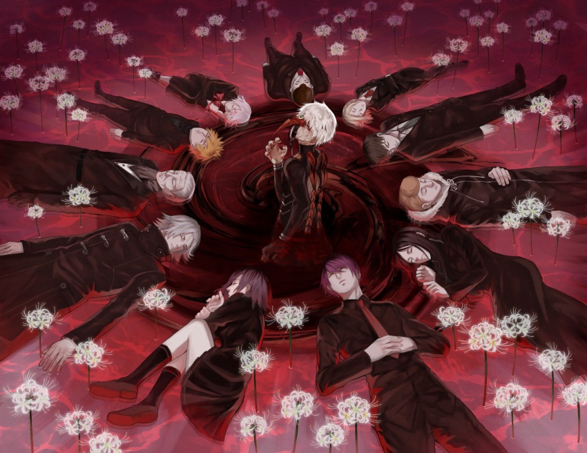 10s 3girls 6+boys amon_koutarou bad_id bad_pixiv_id black_hair blonde_hair blood blood_on_face bow closed_eyes flower formal_clothes highres irimi_kaya jacket kagune_(tokyo_ghoul) kaneki_ken kirishima_touka koma_enji looking_at_viewer mado_akira mask multiple_boys multiple_girls nagachika_hideyoshi necktie nishio_nishiki shinohara_yukinori skirt spider_lily suzuya_juuzou tokyo_ghoul tsukiyama_shuu white_flower white_hair white_spider_lily xino yomo_renji yoshimura_(tokyo_ghoul)
