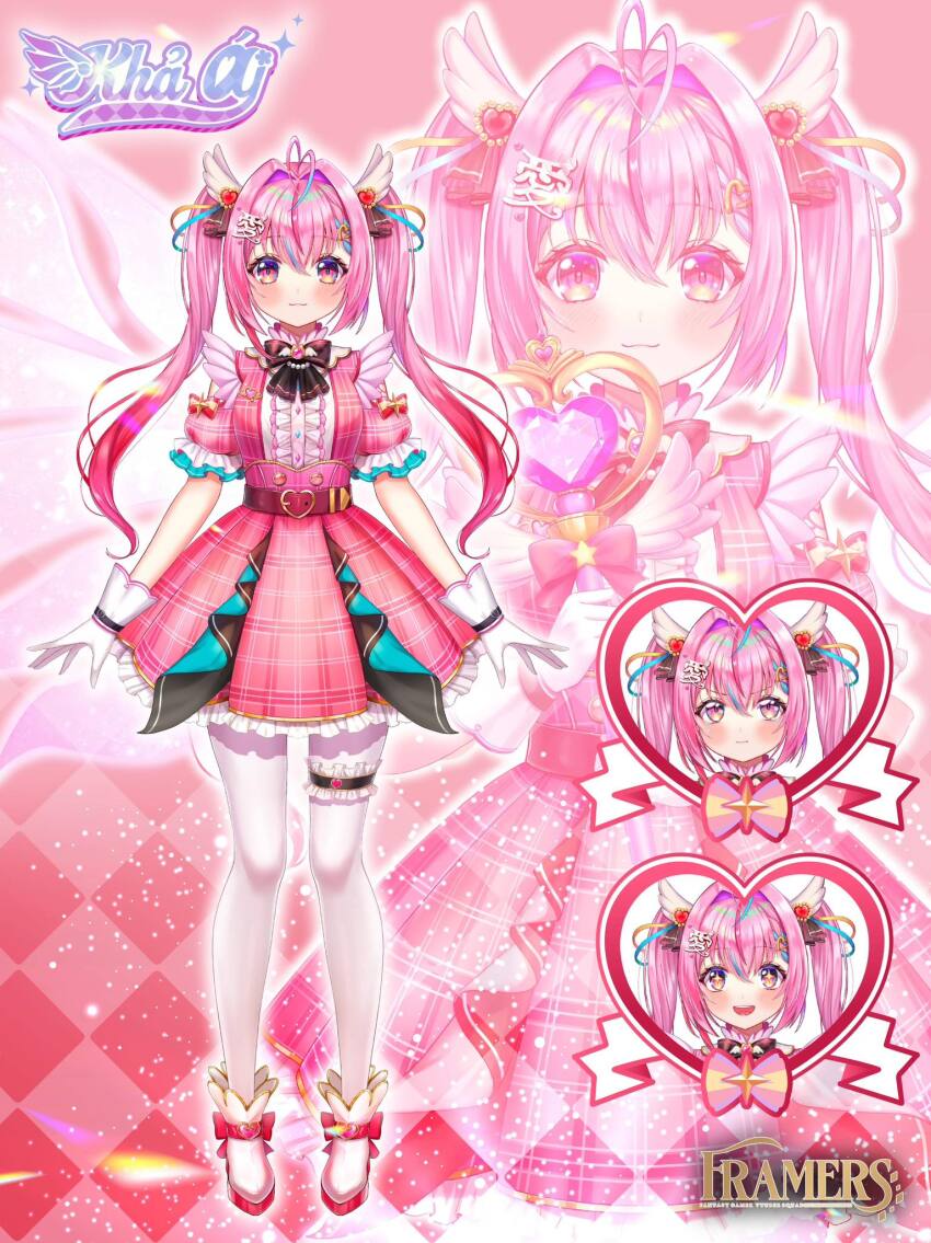 blush dress framers_vtuber_project frilled_dress frilled_skirt frills gem gloves highres holding holding_staff kha_ai logo long_hair magical_girl multiple_expressions pink_eyes pink_gemstone pink_hair pout reference_sheet shoes skirt smile staff thighhighs twintails virtual_youtuber white_gloves white_thighhighs winged_hair_ornament