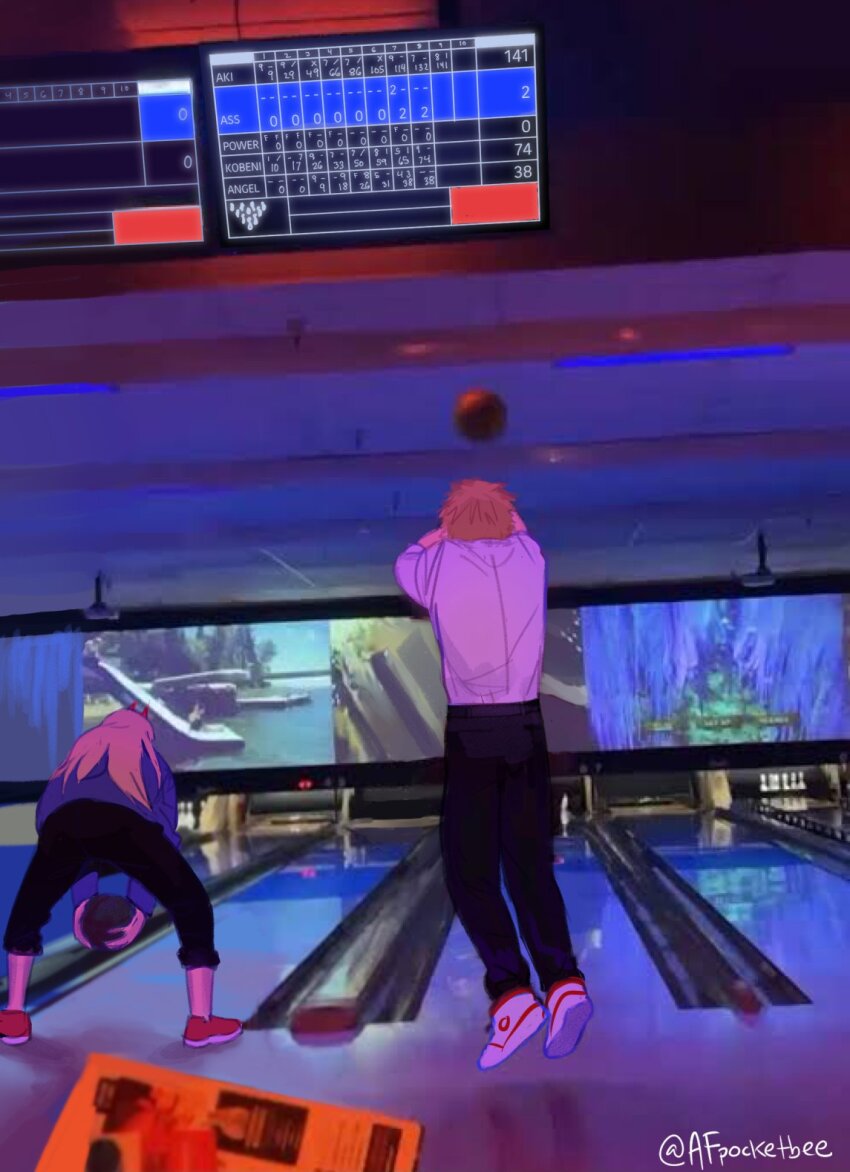 1boy 1girl ball black_pants blonde_hair blue_jacket bowl bowling_alley bowling_ball chainsaw_man collared_shirt denji_(chainsaw_man) flat_screen_tv highres holding holding_bowl jacket jumping long_hair looking_afar meme pants pants_rolled_up photo-referenced pocketbee power_(chainsaw_man) red_footwear shirt shirt_tucked_in short_hair television twitter_username white_shirt