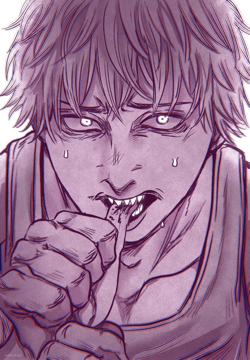 1boy backlighting biting_own_finger chainsaw_man chromatic_aberration commentary denji_(chainsaw_man) english_commentary greyscale highres male_focus monochrome nervous portrait sepia sharp_teeth solo sweat tank_top teeth wischkaa