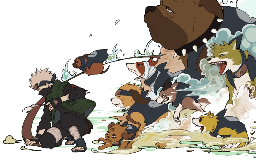 1boy akino_(naruto) bandages bisuke_(naruto) blood bull_(naruto) closed_eyes collar dog fangs fingerless_gloves forehead_protector gloves grey_hair guruko hatake_kakashi mask miyano_a mouth_mask multiple_dogs naruto_(classic) naruto_(series) nin_dog ninja_mask on_one_knee pakkun_(naruto) sandals scroll shiba_(naruto) spiked_collar spikes summoning uhei urushi_(naruto)