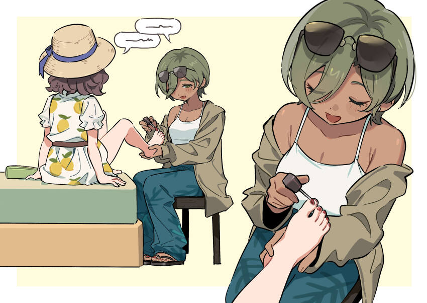 2girls absurdres applying_pedicure barefoot black_footwear blue_pants border brown_jacket camisole closed_eyes commentary dark-skinned_female dark_skin dress ebizuka_tomo food_print fruit_print girls_band_cry green_eyes hat highres jacket lemon_print long_sleeves multiple_girls nail_polish open_clothes open_jacket open_mouth outside_border painting_toenails pants print_dress red_nails rupa_(girls_band_cry) sandals shao_(shaorouhong) short_sleeves simple_background sitting smile sun_hat toenail_polish toenails toes white_border white_camisole white_dress yellow_background yuri