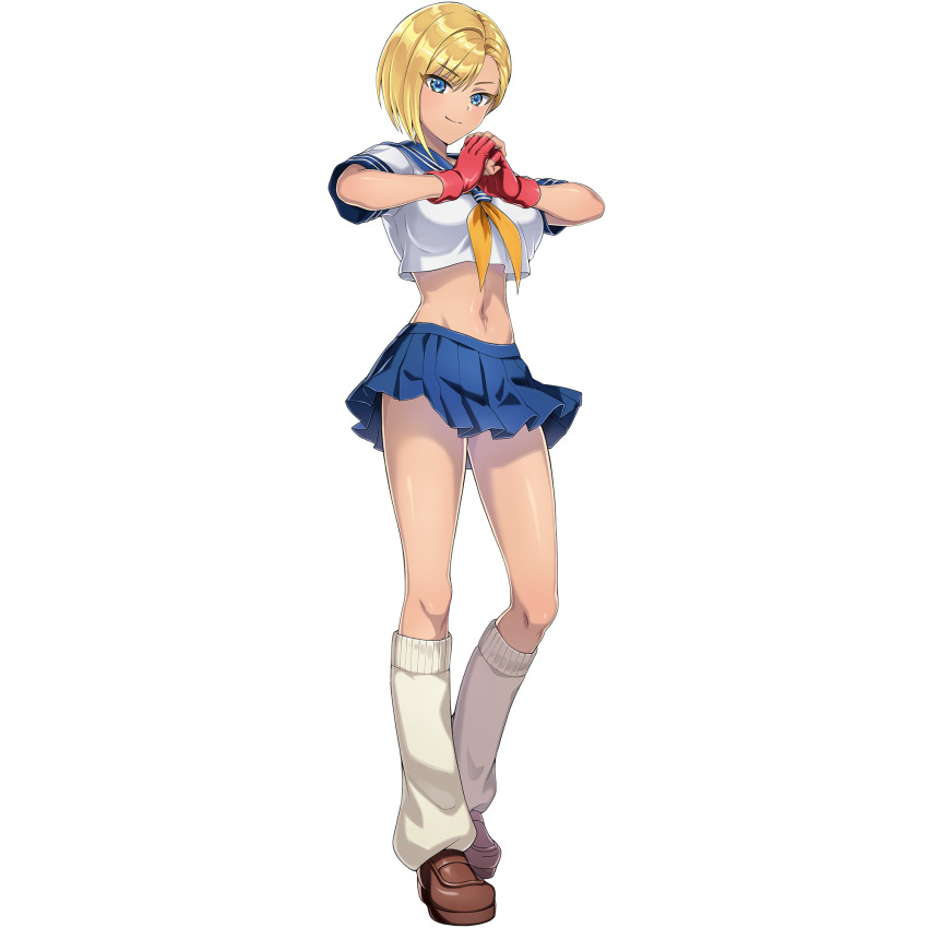 1girl blonde_hair blue_eyes breasts crop_top dolphin_wave fingerless_gloves game_cg gloves highres ikkitousen kan&#039;u_unchou leg_warmers medium_breasts murahaya_mashio navel neckerchief non-web_source ootomo_takuji pleated_skirt red_gloves sailor_collar school_uniform serafuku shirt short_hair skirt solo tan transparent_background white_shirt
