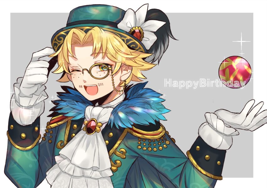 1boy ;d ascot ball blonde_hair blue_eyes boater_hat border bow brooch cape freckles fur-trimmed_jacket fur_trim gem gloves green_cape green_hat green_jacket grey_background hand_on_headwear hand_up happy_birthday hat hat_bow hat_feather identity_v jacket jewelry looking_at_viewer male_focus mike_morton mike_morton_(mr._swifts) monocle official_alternate_costume one_eye_closed open_mouth outside_border parted_bangs red_gemstone sansai_toritori shirt short_hair simple_background smile solo sparkle symbol-shaped_pupils upper_body white_ascot white_border white_bow white_gloves white_shirt x-shaped_pupils