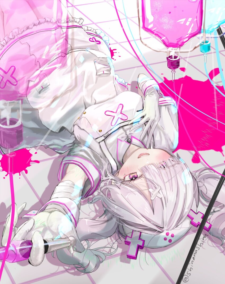 1girl apron blood grey_hair hair_ornament hair_over_one_eye hat highres intravenous_drip mole mole_under_eye nijisanji nurse nurse_cap pink_blood pink_eyes shinanashina solo sukoya_kana sukoya_kana_(1st_costume) syringe twintails virtual_youtuber white_apron x_hair_ornament