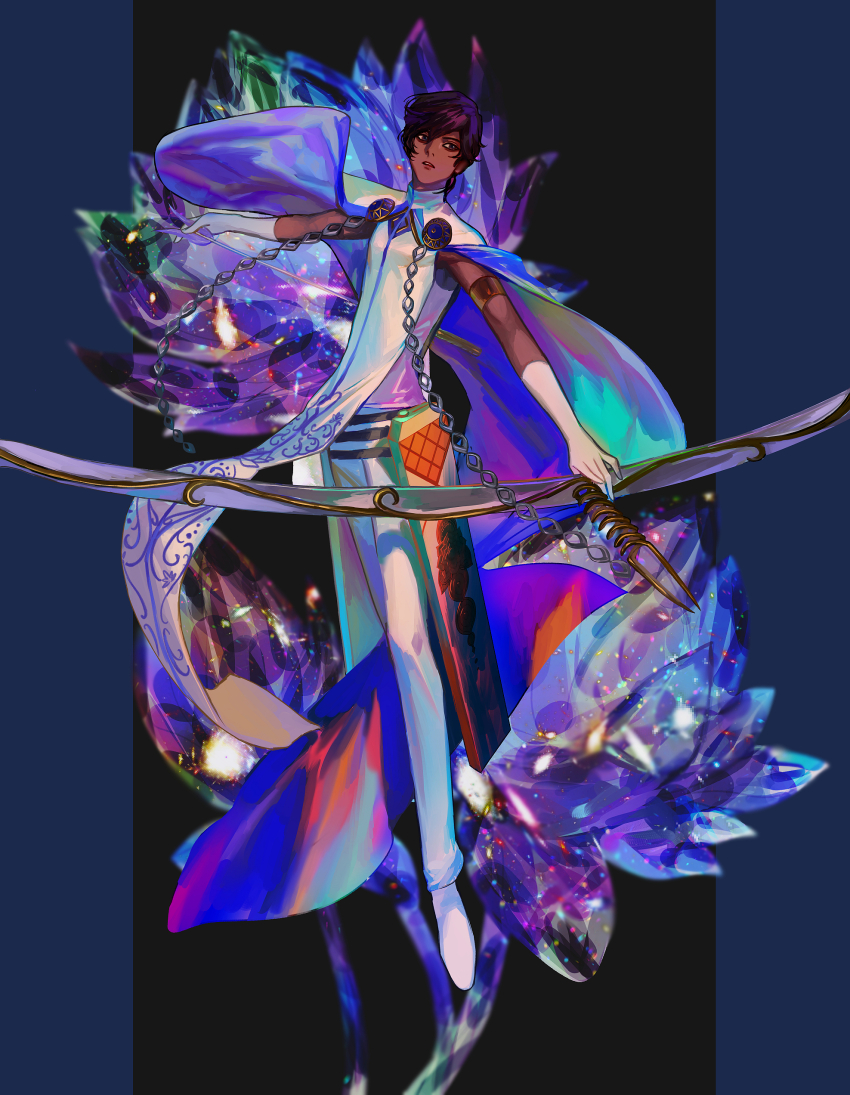 1boy absurdres agni_gandiva arjuna_(fate) arrow_(projectile) bishounen black_eyes black_hair bow_(weapon) cape commentary daeraeband dark-skinned_male dark_skin fate/grand_order fate_(series) full_body gloves hair_between_eyes highres holding holding_arrow holding_bow_(weapon) holding_weapon indian_clothes male_focus pants short_hair short_sleeves sleeveless solo weapon white_cape white_gloves white_pants