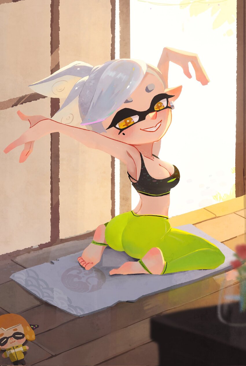 1girl agent_4_(splatoon) arms_up ass blush breasts cleavage full_body grey_hair grin indoors large_breasts looking_at_viewer looking_back marie_(splatoon) mole mole_under_eye nintendo pants ponytail sitting smile solo splatoon_(series) stirrup_legwear stuffed_toy tank_top tentacle_hair toeless_legwear twisted_torso wariza wooden_floor yellow_eyes yoga yoga_mat yoga_pants zhang_tian57284