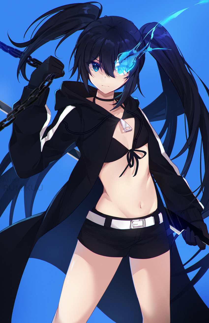 1girl bikini bikini_top_only black_bikini black_choker black_coat black_gloves black_hair black_rock_shooter black_rock_shooter_(character) black_shorts blue_background blue_eyes chain choker closed_mouth coat flaming_eye flat_chest floating_hair front-tie_bikini_top front-tie_top gloves groin hair_between_eyes highres holding holding_sword holding_weapon hood hood_down hooded_coat k-rumi long_hair midriff navel open_clothes open_coat short_shorts shorts simple_background solo standing stomach swimsuit sword very_long_hair watermark weapon