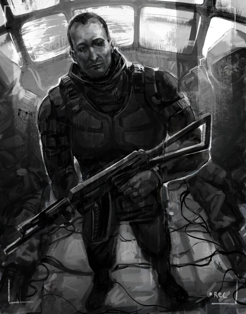 3boys absurdres aks-74u assault_rifle boots bulletproof_vest closed_mouth commentary crurry_(trenos_x) frown gas_mask gloves greyscale gun highres holding holding_gun holding_weapon hood hood_down hood_up jacket kalashnikov_rifle male_focus strelok_(stalker) mask monochrome multiple_boys pants recording rifle screen sitting stalker_(game) stalker_2:_heart_of_chornobyl standing symbol-only_commentary weapon