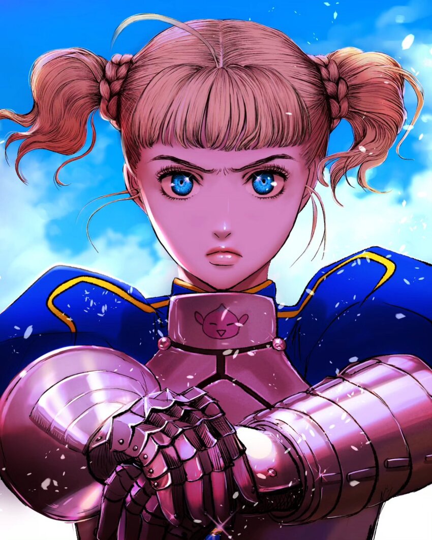 1girl ahoge armor artoria_pendragon_(fate) berserk blonde_hair blue_eyes blue_sky blunt_bangs braid character_print chest_guard closed_mouth cloud commentary cosplay english_commentary eyelashes falling_petals farnese_(berserk) fate_(series) floating_hair frown furrowed_brow gauntlets glint hands_up highres lips looking_at_viewer nisino2222 outstretched_arms own_hands_together petals plate_armor puck_(berserk) puffy_sleeves saber_(fate) saber_(fate)_(cosplay) serious short_hair sky solo straight-on twintails upper_body wind