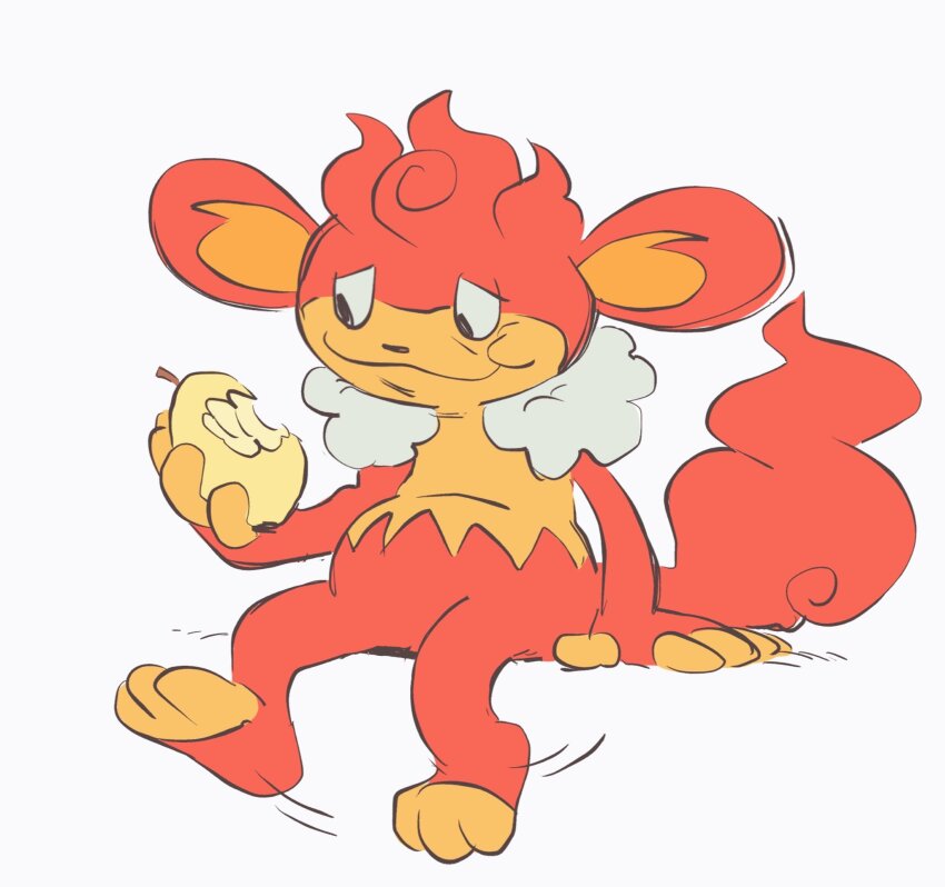 :t bitten closed_mouth commentary eating gen_5_pokemon highres holding looking_down lynn_(daisiloou) motion_lines nintendo no_humans pokemon pokemon_(creature) pokemon_focus simisear sitting solo swinging_legs white_background