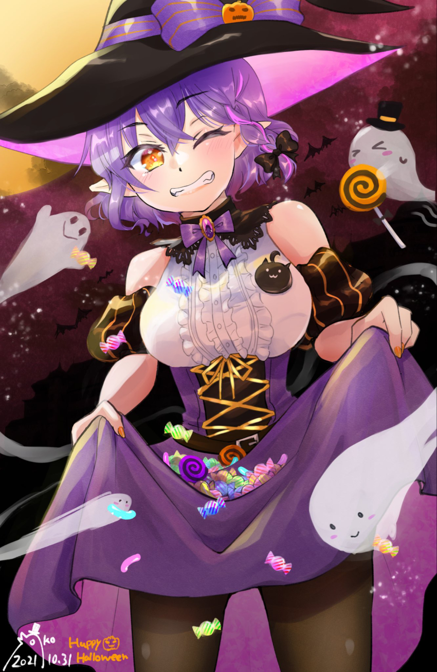 1girl black_hat black_pantyhose blush bow bowtie breasts center_frills character_request commentary_request cowboy_shot crossed_bangs curtsey dated dutch_angle frills ghost grin hair_between_eyes halloween happy_halloween hat hat_bow high-waist_skirt highres jack-o&#039;-lantern_hat_ornament large_breasts looking_at_viewer moko_(gumaguma_m) one_eye_closed pantyhose purple_bow purple_bowtie purple_brooch purple_hair purple_skirt ragnarok_masters ragnarok_online shirt short_hair skirt sleeveless sleeveless_shirt smile solo white_shirt witch_hat yellow_eyes