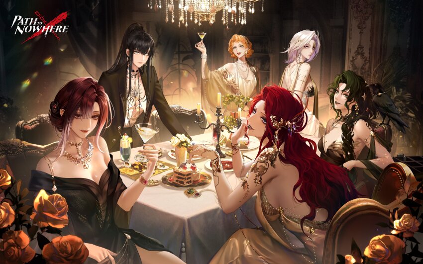 6+girls absurdres arm_up armlet artist_request backless_dress backless_outfit bare_shoulders bird black_dress black_hair black_jacket bracelet braid breasts cabernet_(path_to_nowhere) cake cake_slice candle candlestand chair chandelier character_request check_character choker cleavage cocktail_glass colored_tips commentary copyright_name crow cup curtains dress dreya_(path_to_nowhere) drinking_glass drinking_straw earrings english_commentary flower food fruit gold_dress gradient_hair grapes green_eyes green_hair hair_ornament hair_over_shoulder hair_up high_ponytail highres hurricane_glass indoors jacket jewelry lady_pearl_(path_to_nowhere) large_breasts leaning_forward long_hair looking_at_viewer medium_hair mole mole_under_mouth multicolored_hair multiple_girls necklace official_art orange_hair parted_lips path_to_nowhere plate ponytail purple_eyes purple_hair rahu_(path_to_nowhere) raven_(path_to_nowhere) red_hair red_lips shalom_(path_to_nowhere) shirt shirt_tucked_in short_hair sidelocks sitting smile standing strapless strapless_dress table tablecloth white_dress white_hair white_shirt window