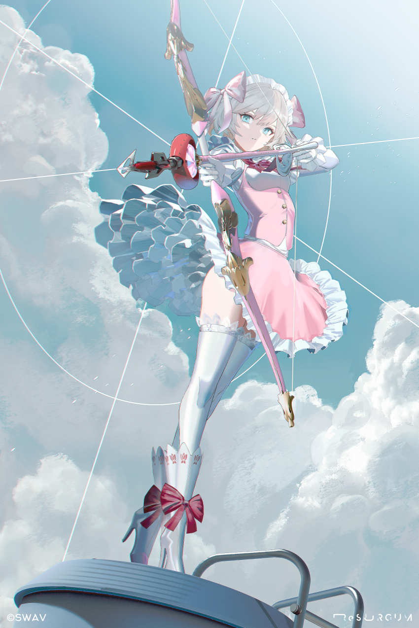 1girl :/ absurdres aiming aiming_at_viewer aqua_eyes artist_name blonde_hair blue_sky bow_(weapon) breasts cloud commentary_request copyright_notice cute_weapon day drawing_bow dress expressionless footwear_ribbon frilled_dress frills full_body hair_ribbon hairband high_heels highres holding holding_bow_(weapon) holding_weapon looking_at_viewer magical_girl original petticoat pink_dress pink_ribbon red_ribbon ribbon shoes short_hair sky solo standing swav thighhighs weapon white_hairband white_shoes white_thighhighs