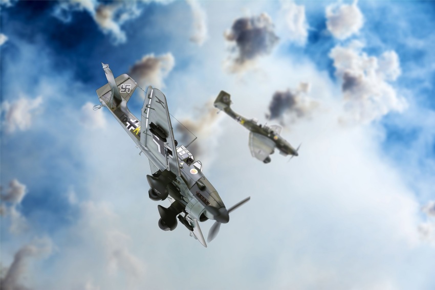aircraft airplane bomb bomber cloud dive_bomber explosive gun highres ju_87 machine_gun military military_vehicle original propeller propeller_fighter sky soranokakera01 swastika vehicle_focus weapon world_war_ii