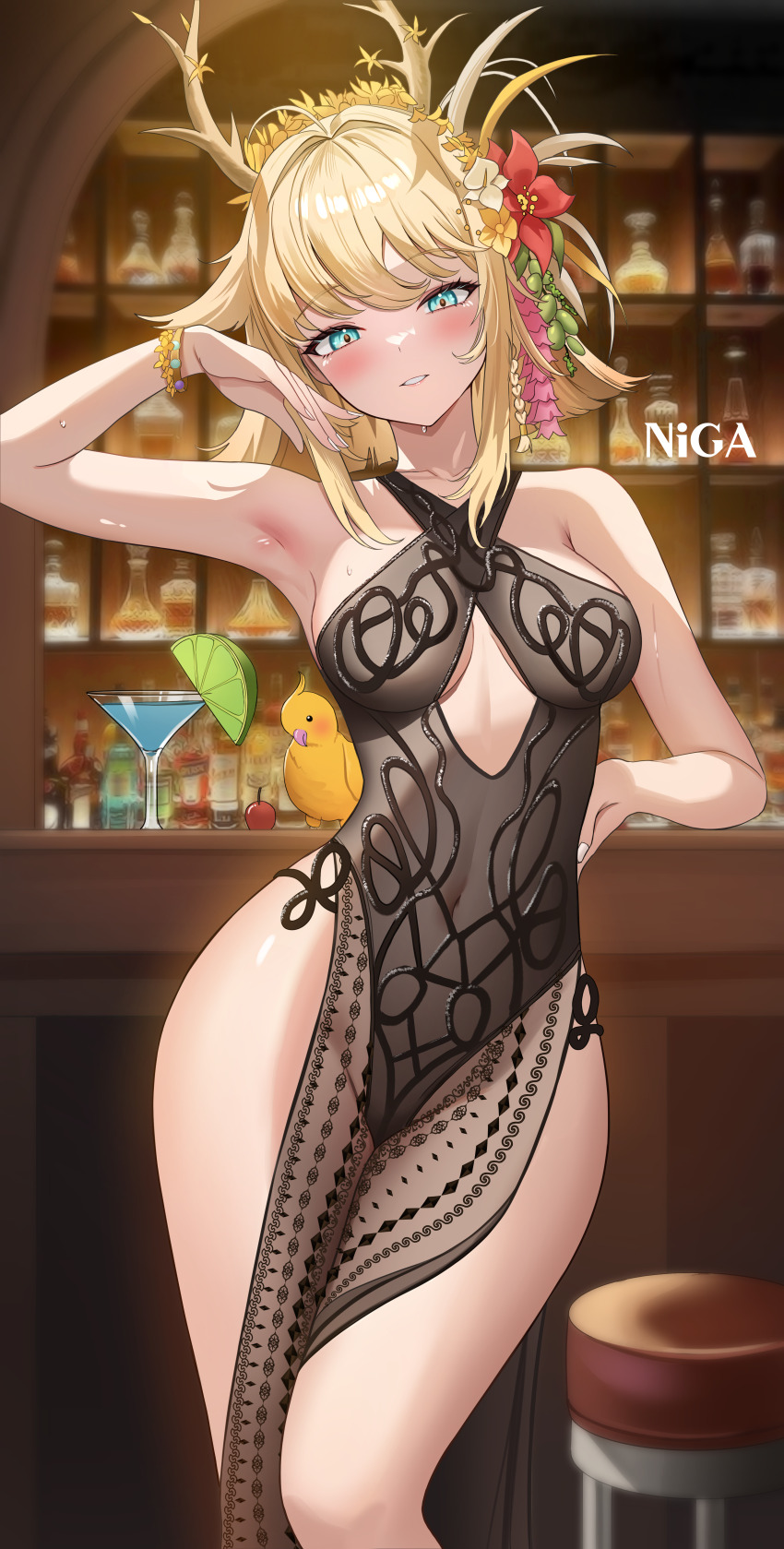 1girl absurdres ahoge arm_up armpits bar_(place) bare_arms bare_legs bare_shoulders black_dress blonde_hair blue_eyes blush bracelet braid breasts clothing_cutout cocktail_glass commentary_request commission covered_navel criss-cross_halter cup dress drinking_glass flower grin hair_branch hair_flower hair_ornament halterneck hand_on_own_hip highres iino_(isnyong) jewelry kanzashi korean_commentary long_hair looking_at_viewer medium_breasts no_panties original pelvic_curtain second-party_source see-through_clothes sleeveless sleeveless_dress smile solo standing sweat thighs underboob_cutout