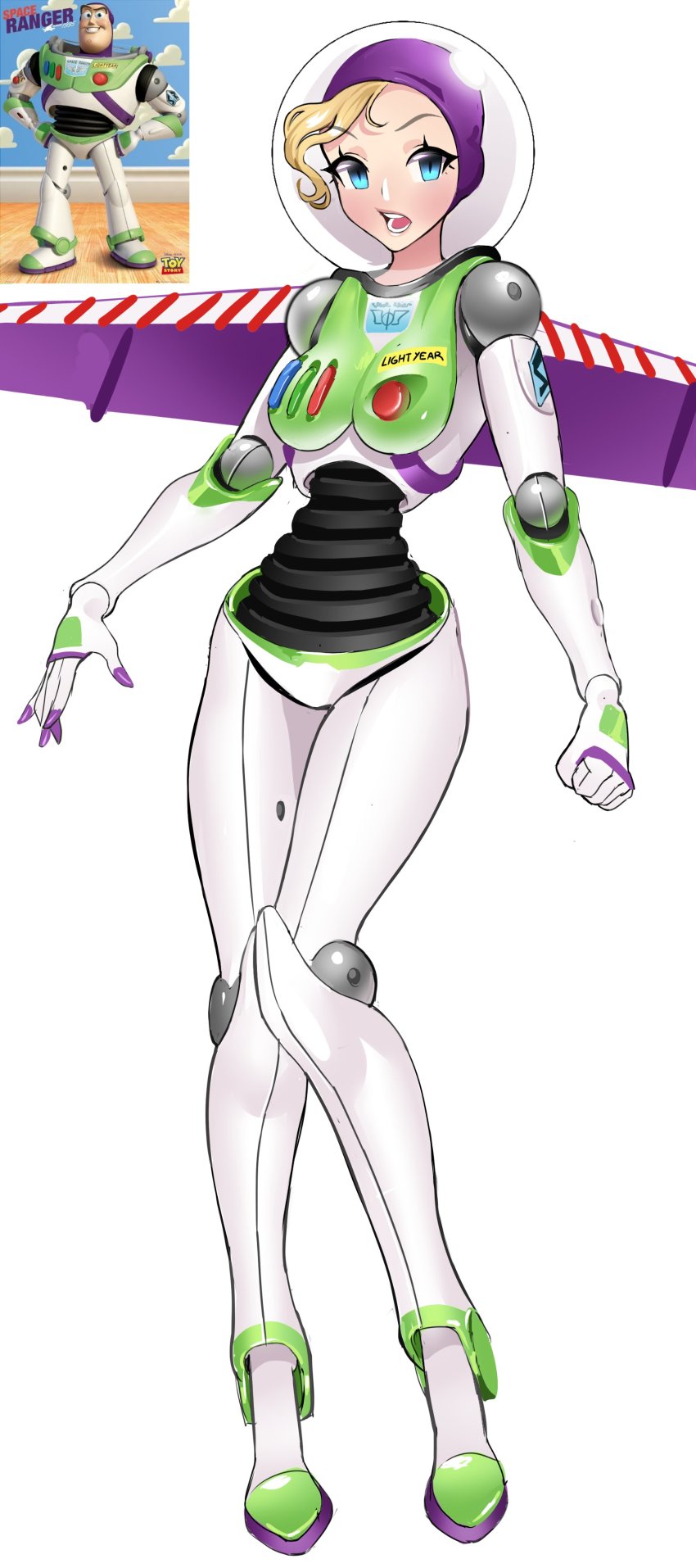 1boy 1girl absurdres animification astronaut blonde_hair blue_eyes blush breasts buzz_lightyear clenched_hand daniaeru genderswap genderswap_(mtf) helmet highres hood jetpack looking_at_viewer medium_breasts open_hand open_mouth photo_inset purple_headwear reference_inset solo_focus space_helmet toy_story