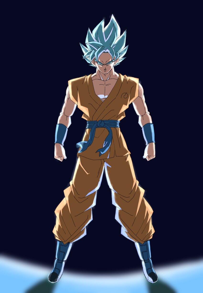 1boy black_background blue_eyes blue_hair clenched_hands dragon_ball dragon_ball_z_fukkatsu_no_f dragonball_z full_body highres kazumax76 male_focus orange_pants orange_tunic pants simple_background solo son_goku spiked_hair standing super_saiyan super_saiyan_blue tunic