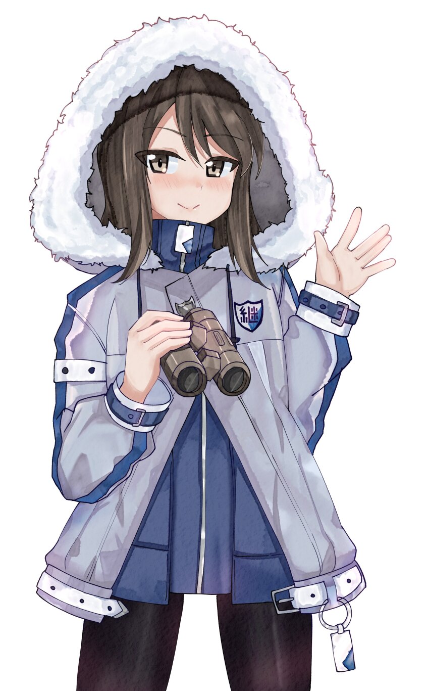 1girl absurdres binoculars black_pantyhose blue_dress brown_eyes brown_hair closed_mouth coat commentary cowboy_shot dress emblem fur-trimmed_hood fur_trim girls_und_panzer girls_und_panzer_senshadou_daisakusen! grey_coat highres holding holding_binoculars hood hood_up hooded_coat keizoku_(emblem) kurokimono001 long_sleeves looking_at_viewer mika_(girls_und_panzer) official_art pantyhose short_dress simple_background smile solo standing waving white_background
