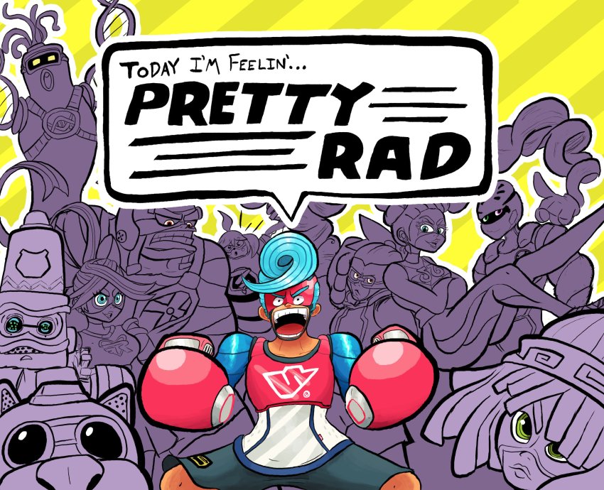 absurdres arms_(game) bandages barq beanie bike_shorts boxing_gloves braid byte_(arms) chain dna_man_(arms) dog domino_mask glasses hat highres kid_cobra long_hair looking_at_viewer mask master_mummy_(arms) mechanica_(arms) min_min_(arms) monochrome multiple_boys multiple_girls ninjara_(arms) ponytail ribbon_girl_(arms) robot short_hair shorts smile spring_man_(arms) twin_braids twintelle_(arms)