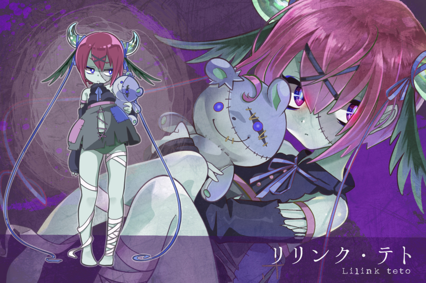 1girl bandages black_dress blue_ribbon blue_skin colored_skin dress hair_ornament highres holding holding_stuffed_toy imomushi_(pixiv_9001433) multiple_views navel original purple_eyes purple_hair ribbon short_hair stuffed_animal stuffed_toy teddy_bear virtual_youtuber zombie