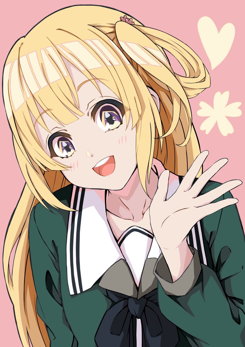 1girl 22/7 black_bow black_bowtie blonde_hair bow bowtie collarbone fujima_sakura green_shirt hair_ornament hair_rings hand_up heart highres lionmaru0808 long_hair long_sleeves looking_at_viewer one_side_up open_hand open_mouth pink_background portrait purple_eyes rokubanchou_school_uniform sailor_collar school_uniform serafuku shirt single_hair_ring smile solo teeth upper_teeth_only white_sailor_collar winter_uniform