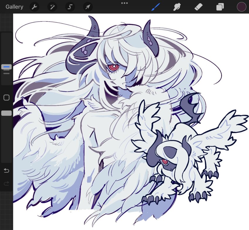 1boy absol art_program_in_frame asymmetrical_horns bright_pupils colored_skin creature_and_personification fang fang_out feathered_wings gen_3_pokemon ghuoulish highres horns long_hair looking_at_viewer male_focus mega_absol mega_pokemon monster_boy nintendo personification pokemon pokemon_(creature) red_eyes ringed_eyes solo uneven_horns very_long_hair white_background white_hair white_pupils white_skin white_wings wind wings