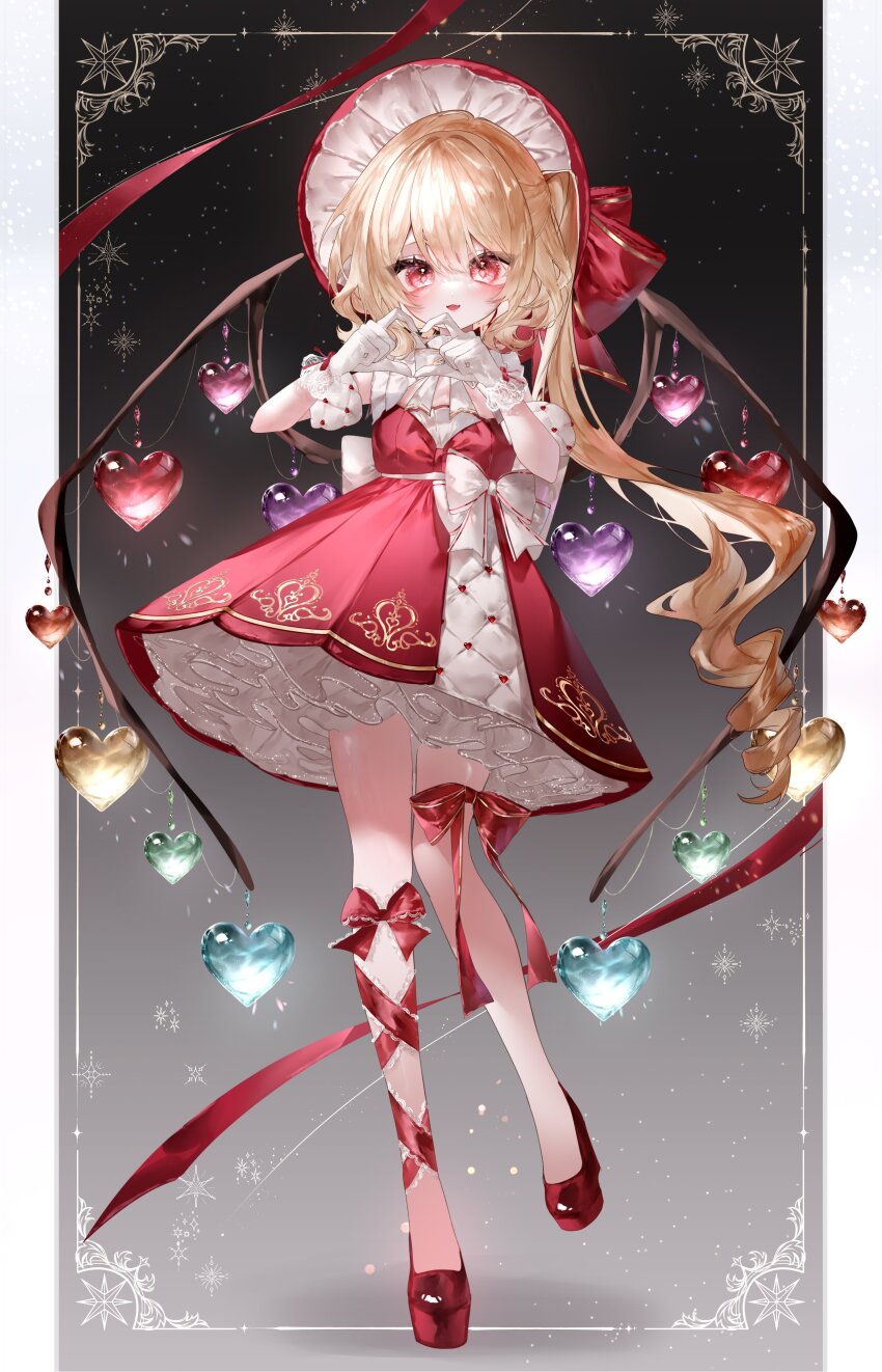 1girl :d absurdres adapted_costume black_background blonde_hair blush bonnet commentary crystal dress drill_hair fang flandre_scarlet full_body gloves gradient_background grey_background heart heart_hands highres leg_ribbon long_hair looking_at_viewer one_side_up open_mouth petticoat red_bonnet red_dress red_eyes red_ribbon red_shoes ribbon shoes smile solo standing standing_on_one_leg touhou very_long_hair white_gloves wings yukia_(yukia_777)