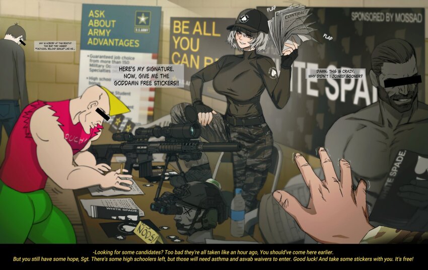 1girl 1other 3boys abs banner bar_censor bare_pectorals baseball_cap beard belt bipod black_boots black_gloves black_shirt blonde_hair boots bottle breasts brown_belt brown_eyes brown_hair brown_hat brown_sweater bulletproof_vest camouflage camouflage_pants camouflage_shirt censored chad_(virgin_vs_chad) chair closed_mouth clothes_writing combat_helmet commentary commission contract day denim ear_protection english_commentary english_text ernest_khalimov facial_hair fast_helmet fingerless_gloves fingernails folding_chair gigachad_(meme) gloves green_pants grey_hair grin gun hand_on_own_leg hand_up hat headset helmet highres holding holding_paper indoors jeans large_breasts large_pectorals laser_sight leg_up lips logo long_shirt magazine_(weapon) manly mannequin maxturbo69 meme mercenary motion_lines multiple_boys muscular muscular_female muscular_male night_vision_device optical_sight original pamphlet pants paper patio_chair pectorals pencil pink_shirt pointy_chin pov pov_hands reading real_life rifle scope shirt short_hair sideburns sight_magnifier sign smile sniper_rifle sound_effects sr-25 standing standing_on_one_leg sticker subtitled suppressor sweater table teeth thick_neck tile_wall tiles topless_male torn_clothes torn_shirt turtleneck turtleneck_sweater united_states_army virgin_(virgin_vs_chad) virgin_vs_chad_(meme) water_bottle weapon writing