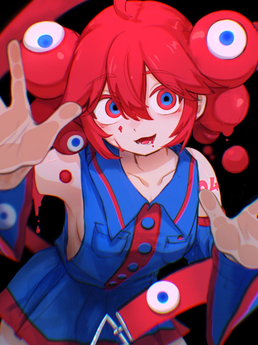 1girl against_fourth_wall ahoge belt black_background blue_eyes blue_shirt blue_skirt blue_sleeves breasts buttons collarbone collared_shirt commentary_request detached_sleeves expo2025 hair_between_eyes highres karasu2020_8 kasane_teto kasane_teto_(utau) leaning_forward looking_at_viewer medium_breasts multicolored_eyes myaku-myaku open_mouth red_belt red_eyes red_hair shirt skirt sleeveless sleeveless_shirt solo two-tone_eyes utau wing_collar