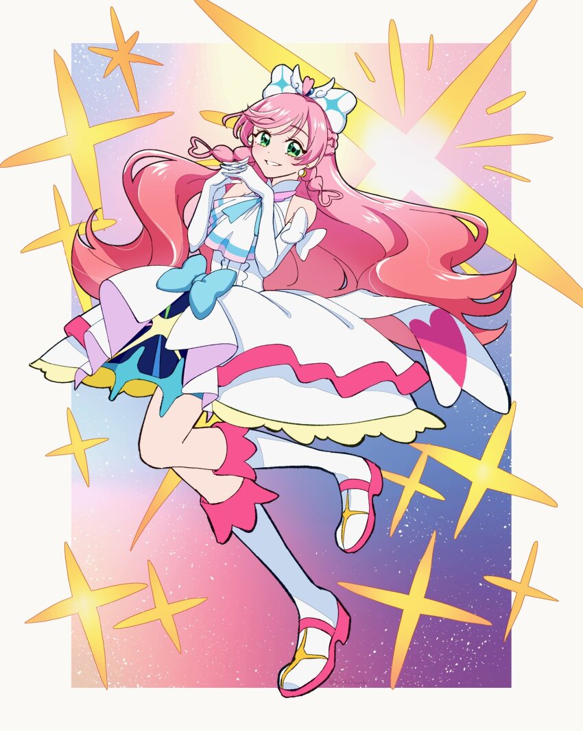 1girl ahoge ascot boots bow braided_sidelock brooch cure_prism cut_bangs dress earrings elbow_gloves full_body glove_bow gloves gradient_background green_eyes hair_bow hair_ornament heart heart_ahoge highres hirogaru_sky!_precure jewelry long_hair looking_at_viewer magical_girl mush33mush nijigaoka_mashiro pink_hair precure single_horizontal_stripe single_sidelock smile solo sparkle standing standing_on_one_leg very_long_hair white_ascot white_background white_bow white_dress white_gloves wing_brooch wing_hair_ornament